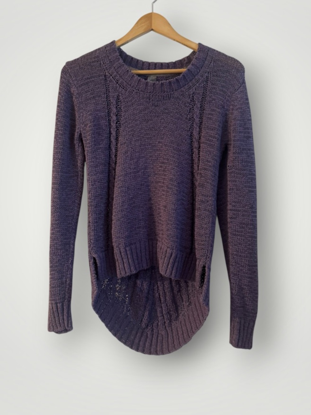 Prana Purple Open Knit Sweater High Low Cable Knit Pullover Size L